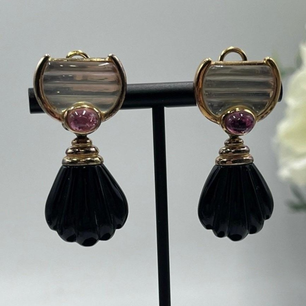 KYLO Kai Yin‎ Lo Vintage Signed Onyx Garnet Dangle Earrings 925 Sterling Vermeil
